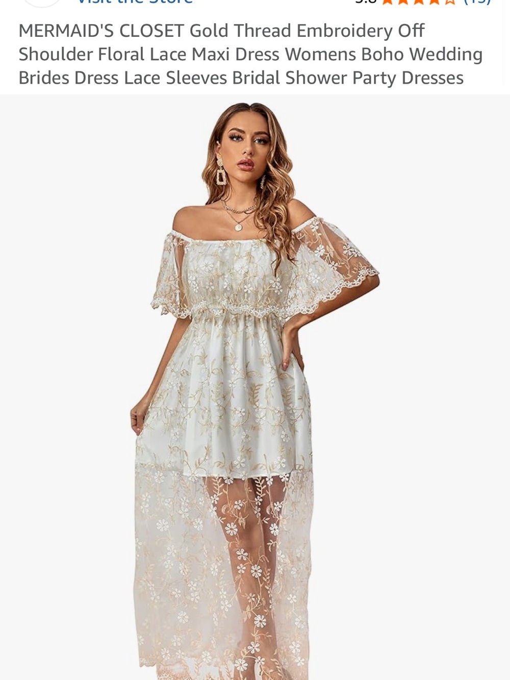 Off-Shoulder Lace Maxi Dress with Gold Embroidery